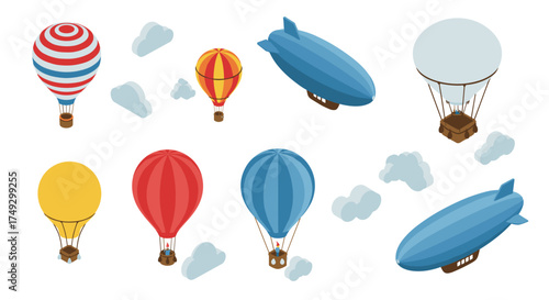 Colorful collection of isometric hot air balloons and zeppelins among clouds