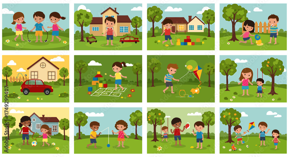 Fototapeta premium Twelve panels show diverse children playing various outdoor games in grassy yards