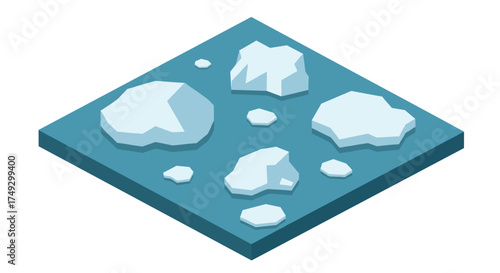 Isometric icebergs on blue ocean background: 3d arctic landscape design