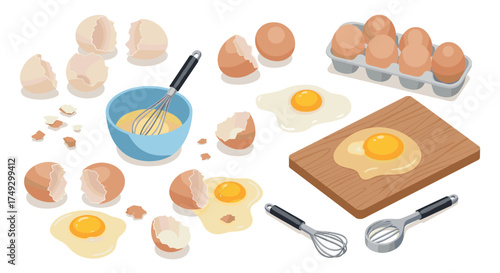 Isometric egg preparation: whisks, shells, and yolk in baking setup