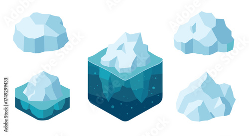 Collection of floating icebergs with underwater view in minimalist style