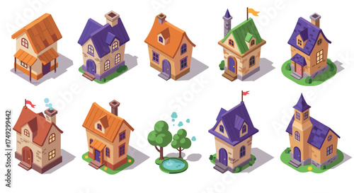 Charming isometric houses collection with trees and garden elements