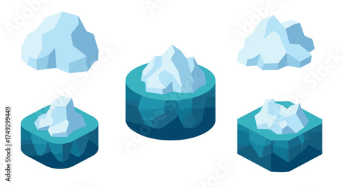 Collection of isometric icebergs floating in ocean
