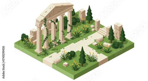 Ancient ruins with ivy in isometric garden setting featuring columns and greenery