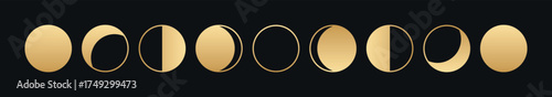 Elegant golden moon phases vector collection celestial lunar waxing waning crescent full quarter symbols modern astrology astronomy design isolated night sky dark background spiritual