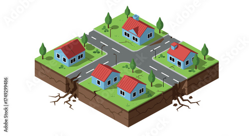 Isometric neighborhood with seismic cracks and colorful houses on floating land block