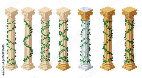 Ancient columns with ivy vines in isometric style