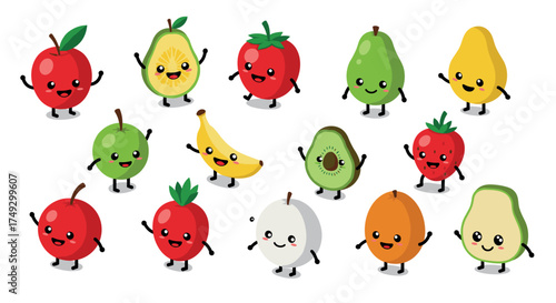 Cute cartoon fruits with smiling faces on white background