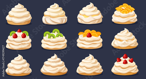 Twelve stylized illustrations of meringue desserts with various fruit toppings