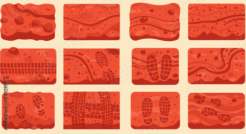 Twelve tiled redorange surface textures showing footprints tire tracks and rock patterns
