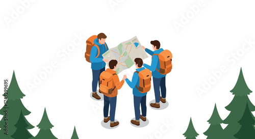 Isometric group of hikers reading map in forest adventure scene
