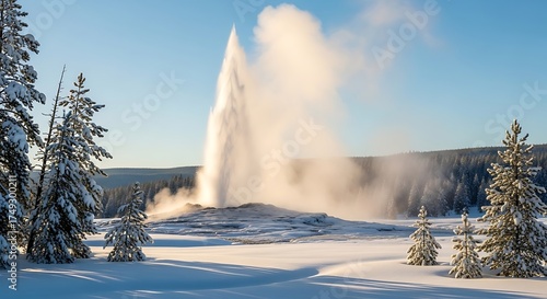Old Faithful Eruption in Winter Wonderland - A Yellowstone Geyser Spectacle.