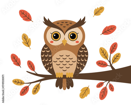 Cute cartoon owl perched on a branch with falling autumn leaves