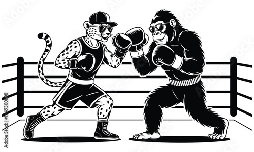 Leopard and gorilla boxing in a ring wearing boxing gloves and shorts on white background sport game