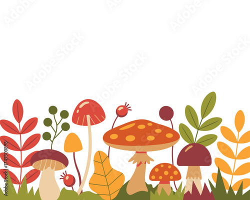 Whimsical autumn forest floor with colorful mushrooms and leaves