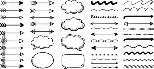 Collection of hand drawn arrows speech bubbles and decorative line elements for design