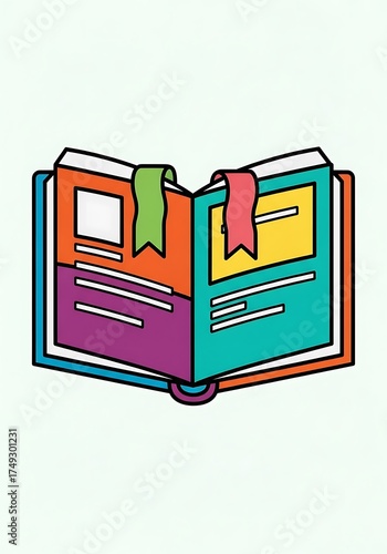 Colorful Open Book Illustration with Bookmarks and Vibrant Pages.
