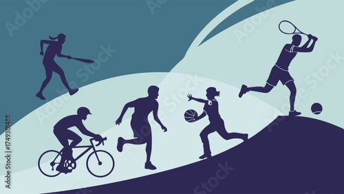 Diverse Athletes Silhouettes Running Cycling Playing Baseball Tennis Basketball for Fitness Health Sports Website Design