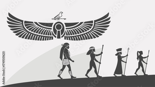 Ancient Egyptian Procession of Women Figures Following Winged Solar Disk Symbol for Heritage Travel Design