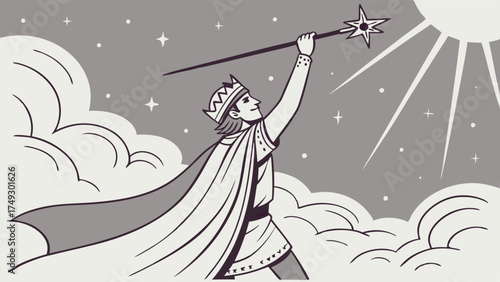 Royal King Wizard Reaching Star Wand Towards Bright Sun Above Clouds for Success Achievement