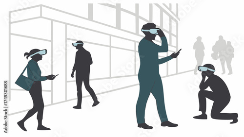 Urban Pedestrians Wearing Augmented Reality Glasses Interacting with Mobile Devices on City Sidewalk for Future Technology Applications