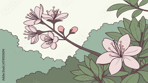 Delicate Pink Cherry Blossom Branch Blooms in Lush Spring Garden for Serene Website Background or Seasonal Greeting Card Design