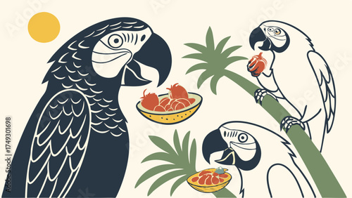 Tropical Macaw Parrots Eating Fruit Illustration for Nature Blog Design Summer Packaging Advertising Wildlife Education