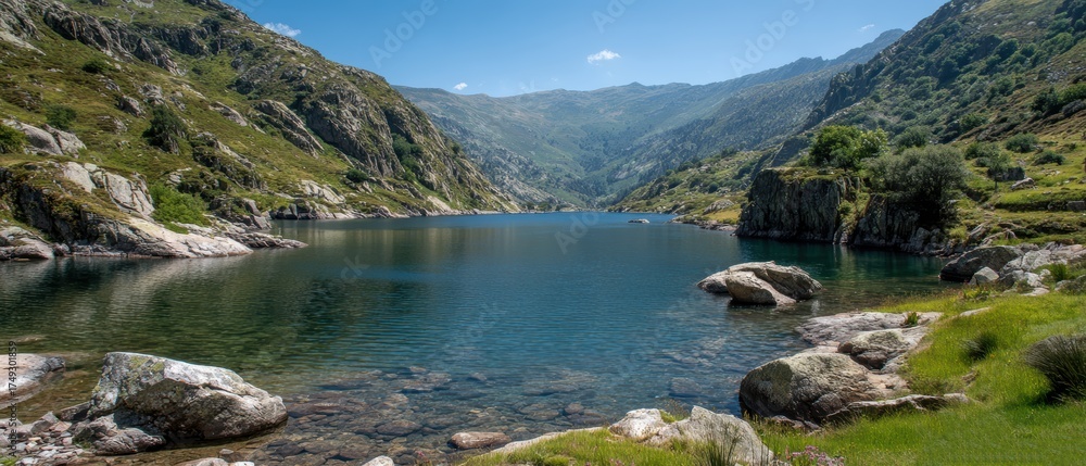 Fototapeta premium Scenic mountain landscape with a tranquil river flowing through lush green hills and rugged terrain under a clear sky