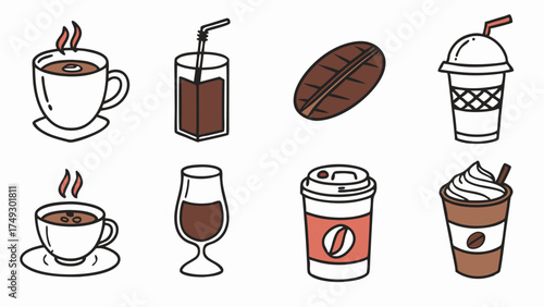 Assorted Coffee Drinks Icons Set Hot Iced Espresso Latte Frappe Cafe Menu Design Elements for Web and Print Promotion