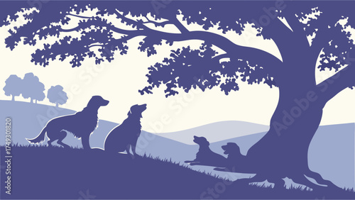 Serene Silhouette of Loyal Dogs Resting Under Large Oak Tree in Rolling Countryside Landscape for Pet Care Branding