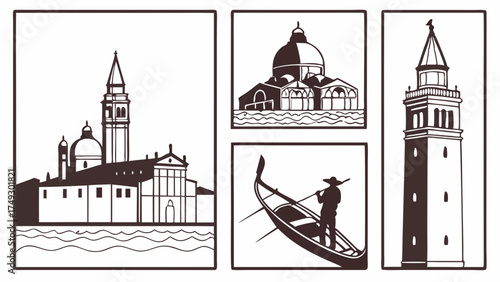 Venice Landmark Icons Set Gondola Campanile Church Silhouette for Travel Brochures Tourism Websites Design Projects
