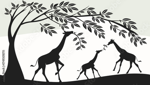 Silhouette Giraffe Family Feeding Under Acacia Tree Safari Wildlife Design Element for Nature Education and Conservation Projects