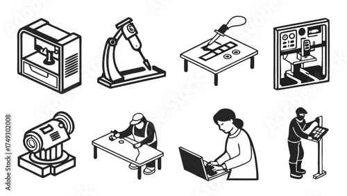 Isometric Icons Depicting Engineers Working with 3D Printer Microscope Soldering Laptop for Tech Industry Design Projects