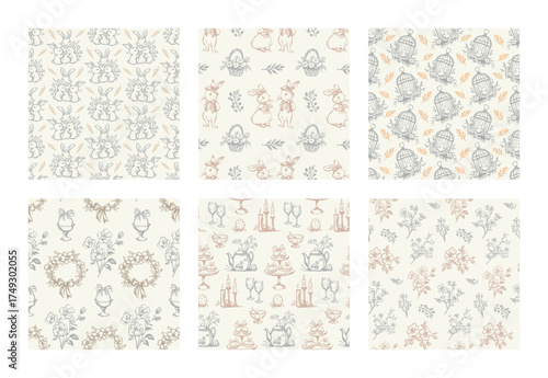 Vintage Easter seamless pattern set with rabbits, floral wreaths, birdcages, baskets, tea party elements, candles, elegant flowers, and delicate hand-drawn details in soft pastel colors for festive
