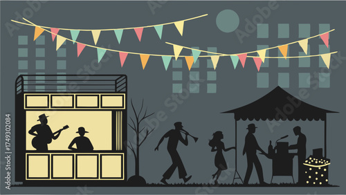 Nighttime Outdoor Music Festival Scene with Silhouette Performers and Festive Bunting for Summer Event Promotion