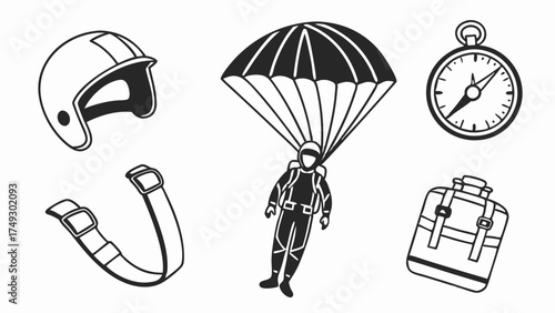 Parachuting Skydiving Gear Icons Helmet Compass Rucksack for Extreme Sports Adventure Travel Web Design Assets