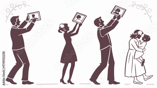 Wedding Couple Silhouettes Holding Framed Photos Celebrating Love and Marriage Milestones for Event Promotion