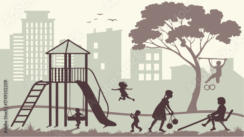 Urban Playground Silhouette Children Playing on Swings Slide and Monkey Bars for Childhood Recreation Design Projects