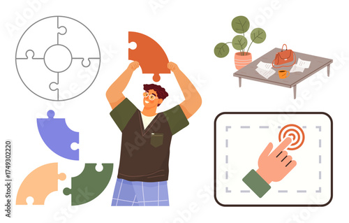 Person lifting puzzle piece near a large puzzle, interactive touchscreen icon, table with items, plant. Ideal for problem-solving, creativity, teamwork, innovation, user interaction work ideas