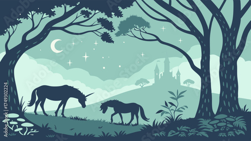 Enchanted Forest Night Scene With Unicorn Silhouettes For Fantasy Book Covers And Mystical Web Design Projects