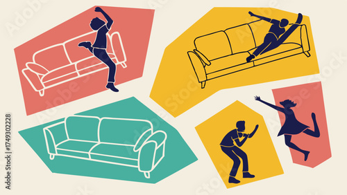 Energetic People Jumping and Dancing on Couches for Home Fitness or Playful Interior Design Web Banner