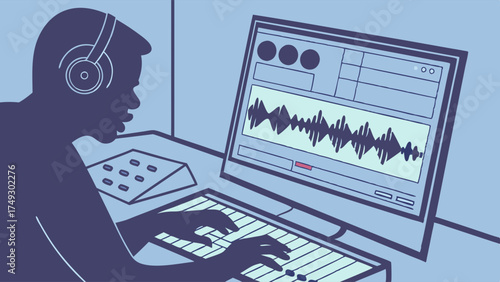 Focused Audio Engineer Editing Sound Waveform on Computer Screen for Podcast Production or Music Mastering