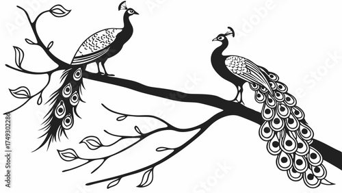 Elegant Black And White Peacocks Perched On Branch For Luxury Decor Wallpaper Wedding Invitation Design