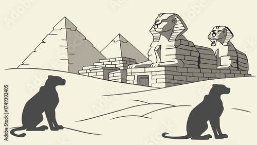 Black Panthers Guarding Ancient Egyptian Pyramids and Sphinx in Desert. Historical Travel and Cultural Education Illustration.