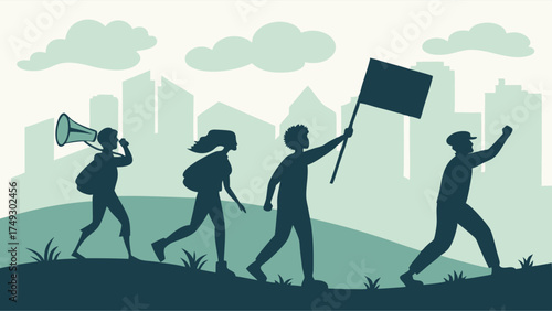 Determined Activists Marching in Protest with Megaphone and Flag, City Skyline Silhouette. Social Justice Advocacy.