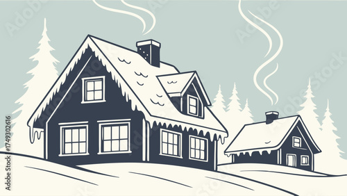 Cozy Snow Covered Houses in a Peaceful Winter Landscape. Rustic Illustration with Smoking Chimneys for Holiday Marketing, Real Estate, and Seasonal Promotions.