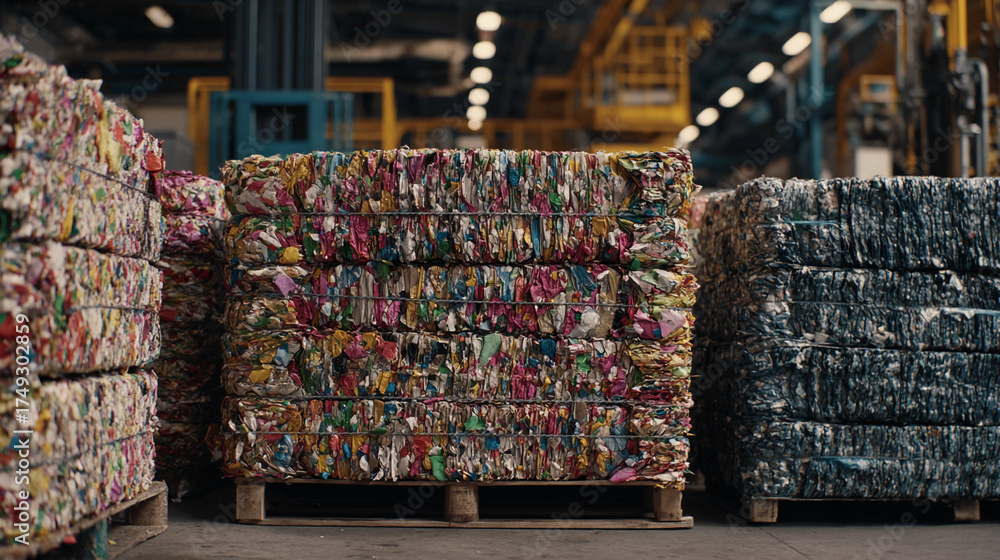 Fototapeta premium Recycled materials stacked in a warehouse