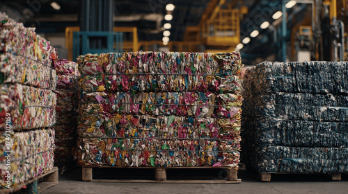 Recycled materials stacked in a warehouse
