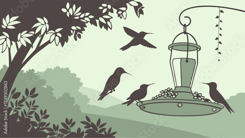 Hummingbirds Flying and Feeding at Bird Feeder Peaceful Silhouette Nature Illustration for Garden and Wildlife