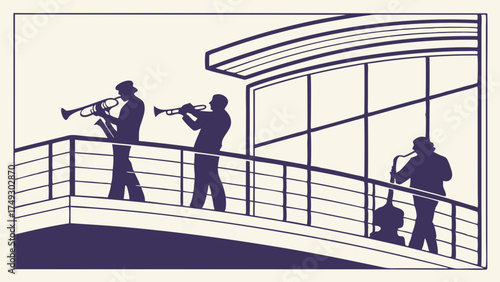 Live Jazz Band Performance on Modern Building Balcony Elegant Silhouette Art for Music Events and Luxury Entertainment